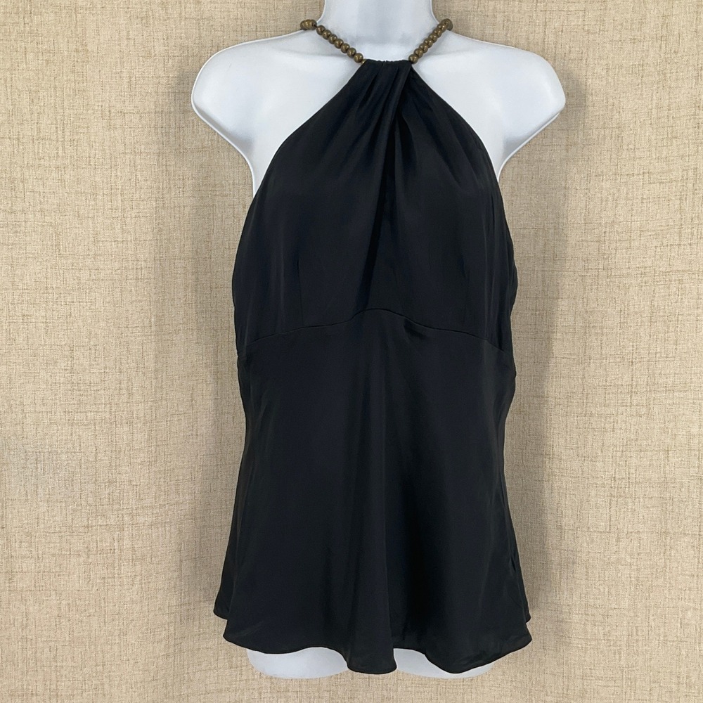 Michael Kors Halter Top Women 10‎ Black Silk Beaded Neckline Chic Evening Blouse